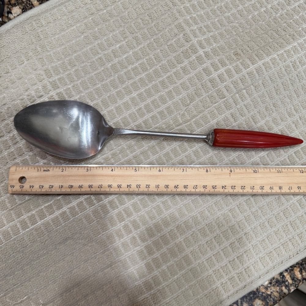 Vintage Androck Stainless Serving Spoon Red Bullet Bakelite Handle Made‎ in USA